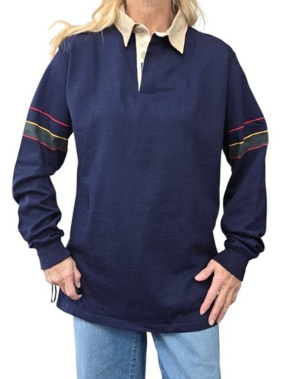 Vintage 90s GANT The Rugger Rugby Shirt M Navy Tan Collar 100% Cotton